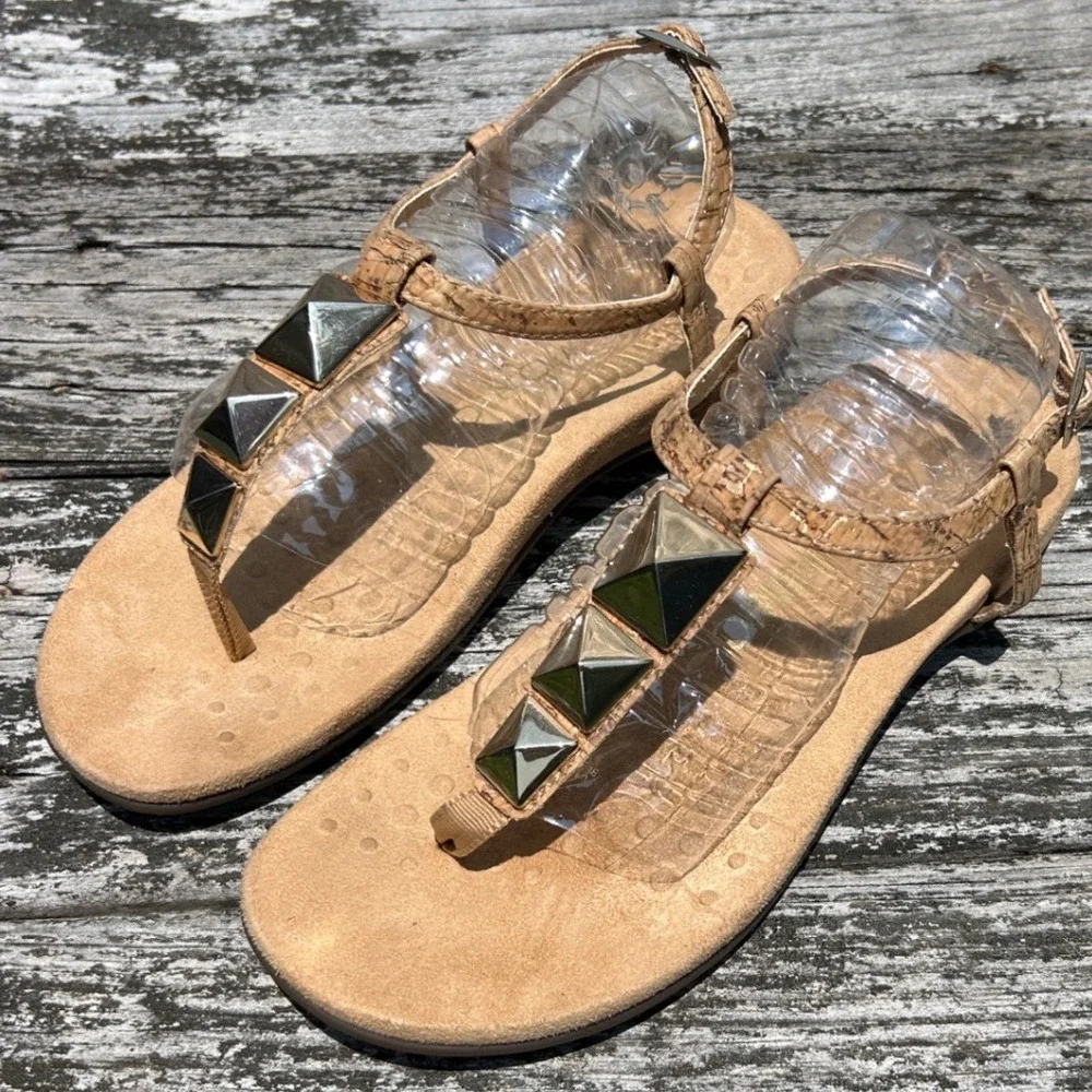 Vionic Monala Cork Studded Slingback Sandals Tan Gold Pyramid Thong Womens 7